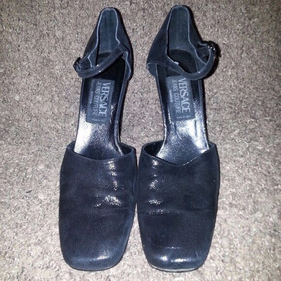 VERSACE JEANS COUTURE-Metallic Black Suede-Ankle Strap-Authentic-Sz 40-Near Mint - Picture 3 of 6